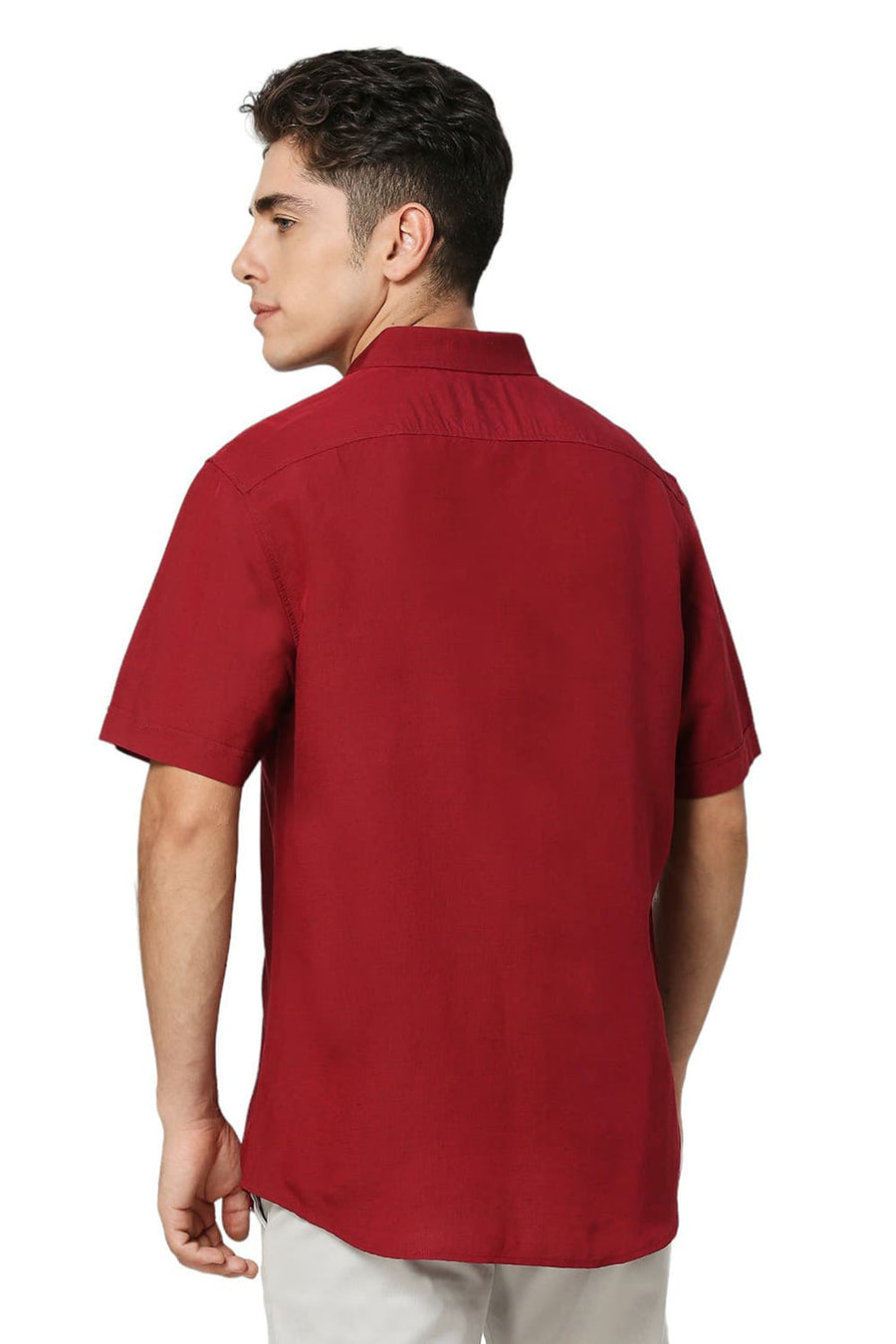 BASICS SLIM FIT SCARLET WINE VISCOSE LINEN HALFSLEEVES SHIRT
