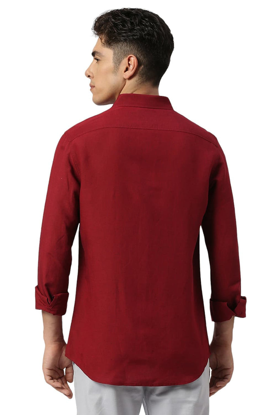 BASICS SLIM FIT SCARLET WINE VISCOSE LINEN SHIRT