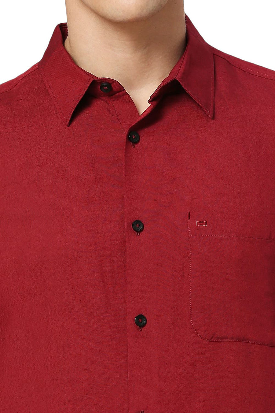 BASICS SLIM FIT SCARLET WINE VISCOSE LINEN HALFSLEEVES SHIRT