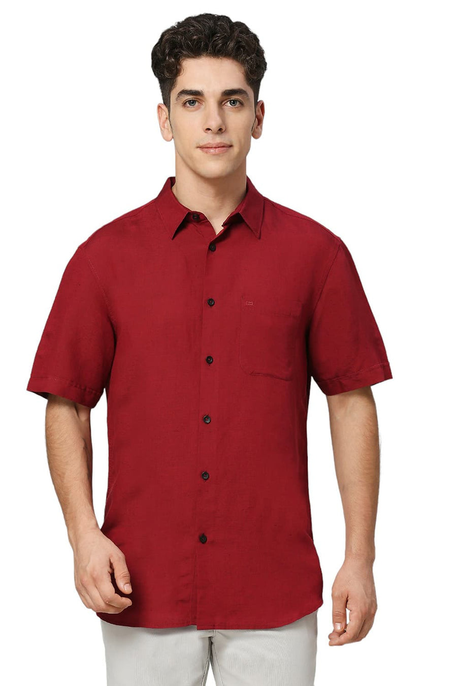 BASICS SLIM FIT SCARLET WINE VISCOSE LINEN HALFSLEEVES SHIRT