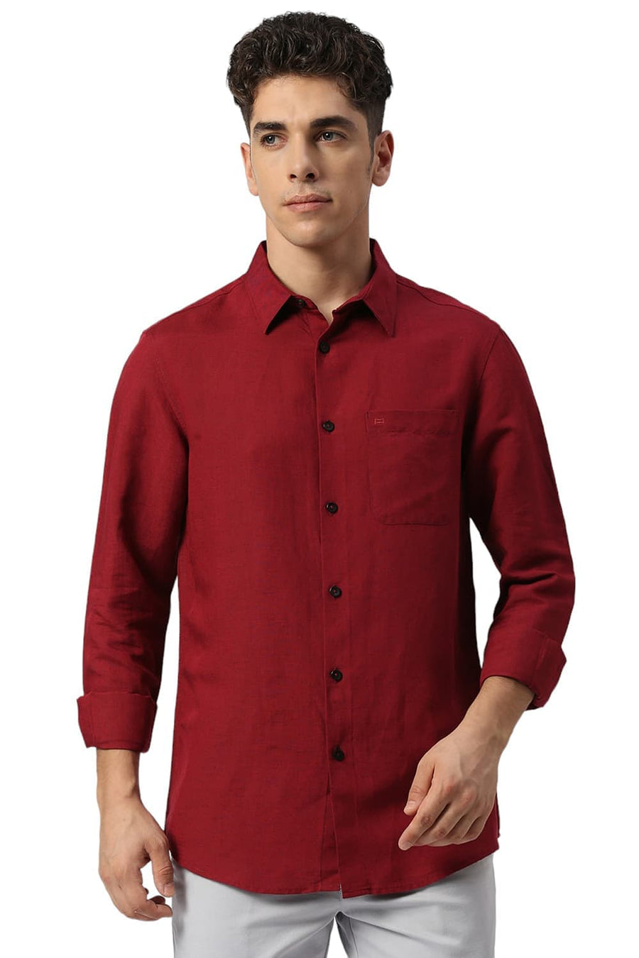 BASICS SLIM FIT SCARLET WINE VISCOSE LINEN SHIRT