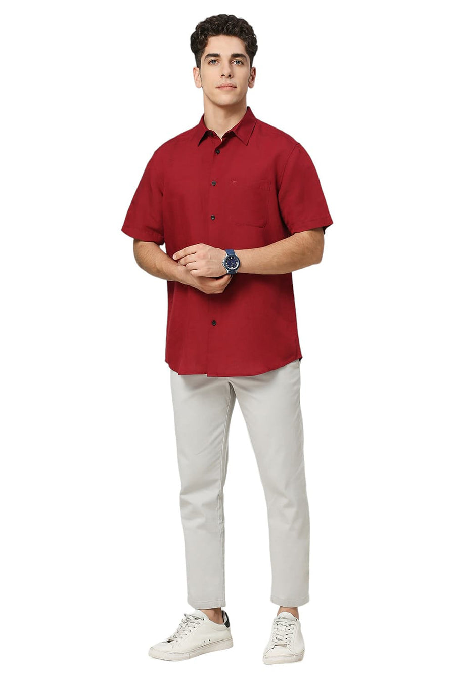 BASICS SLIM FIT SCARLET WINE VISCOSE LINEN HALFSLEEVES SHIRT