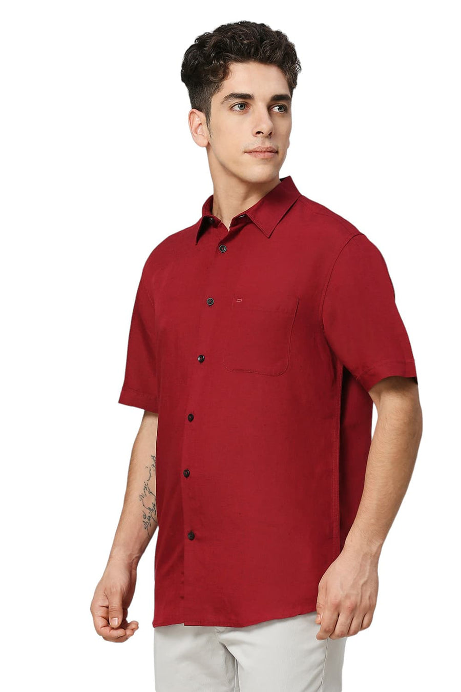BASICS SLIM FIT SCARLET WINE VISCOSE LINEN HALFSLEEVES SHIRT