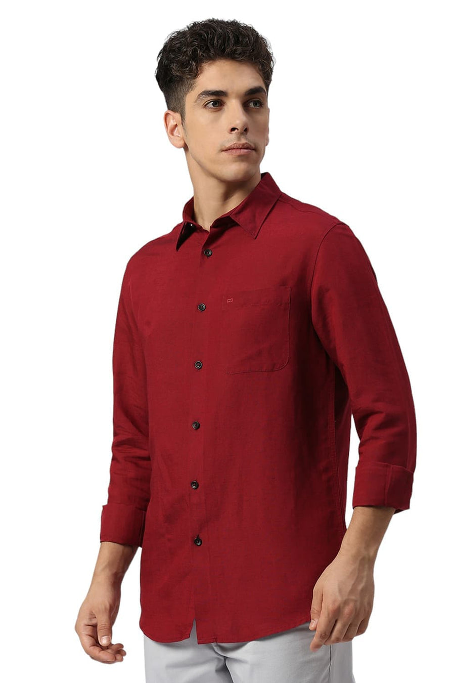 BASICS SLIM FIT SCARLET WINE VISCOSE LINEN SHIRT