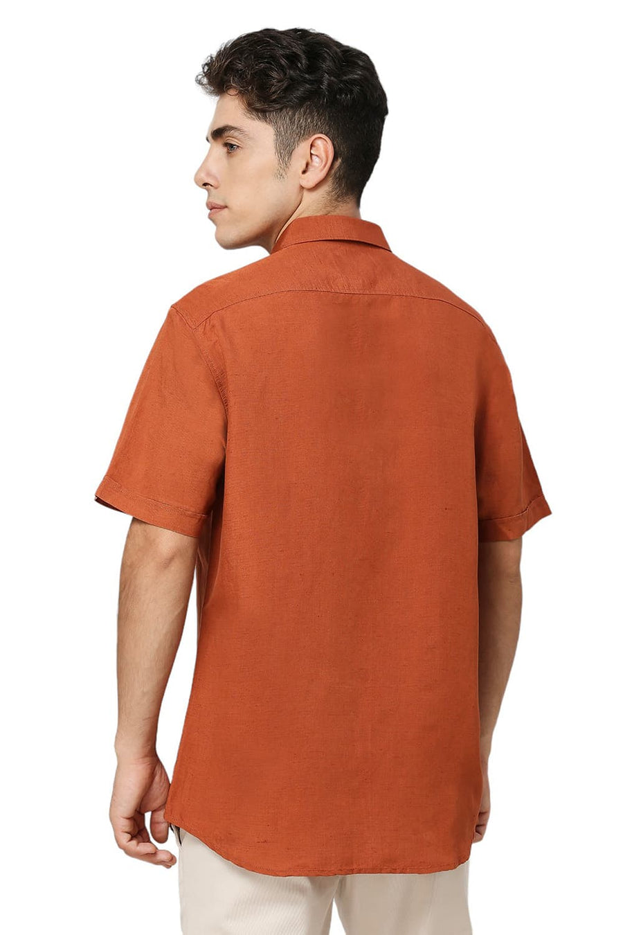BASICS SLIM FIT RUST ORANGE VISCOSE LINEN HALFSLEEVES SHIRT