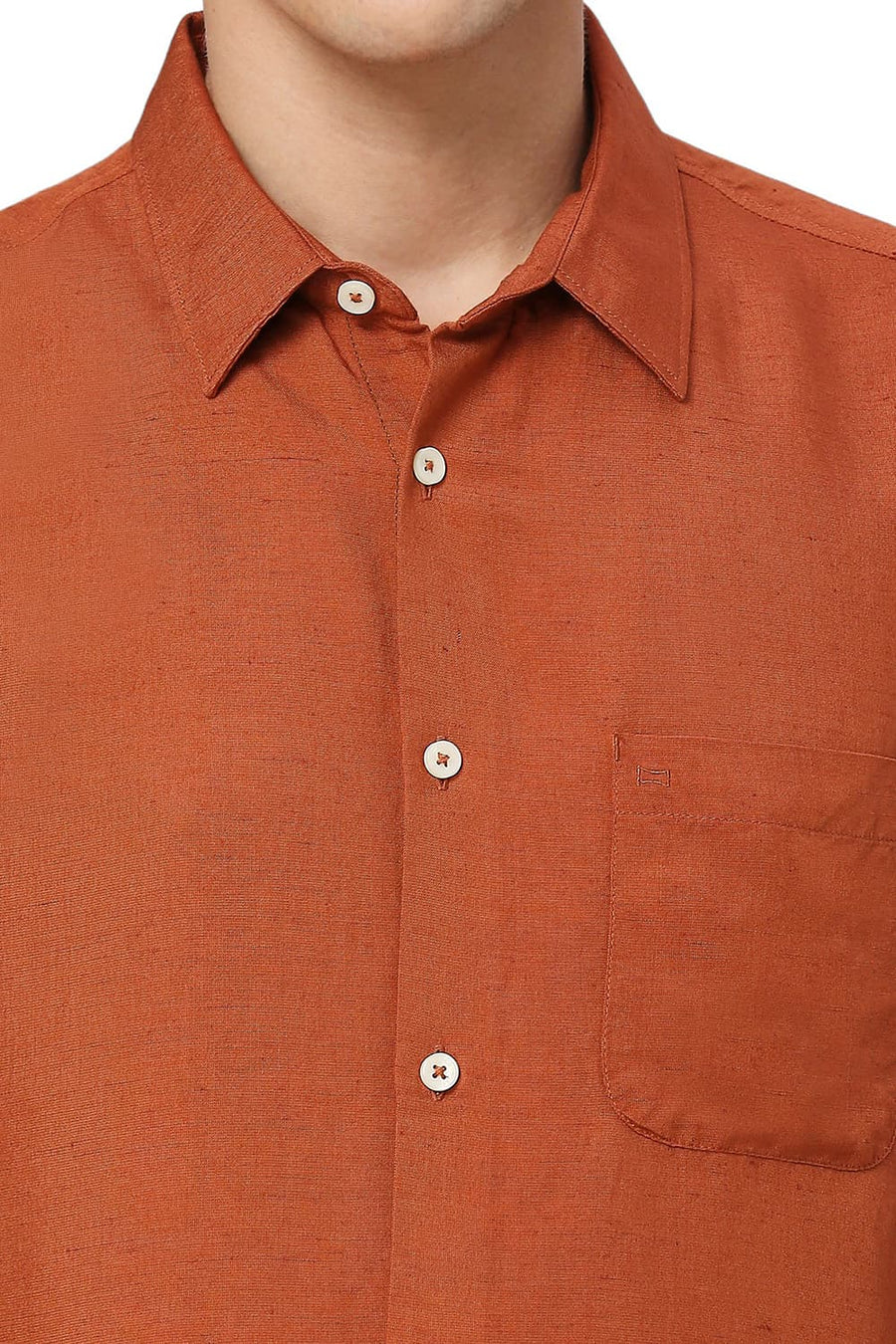 BASICS SLIM FIT RUST ORANGE VISCOSE LINEN HALFSLEEVES SHIRT