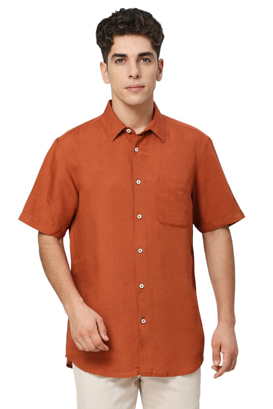 BASICS SLIM FIT RUST ORANGE VISCOSE LINEN HALFSLEEVES SHIRT