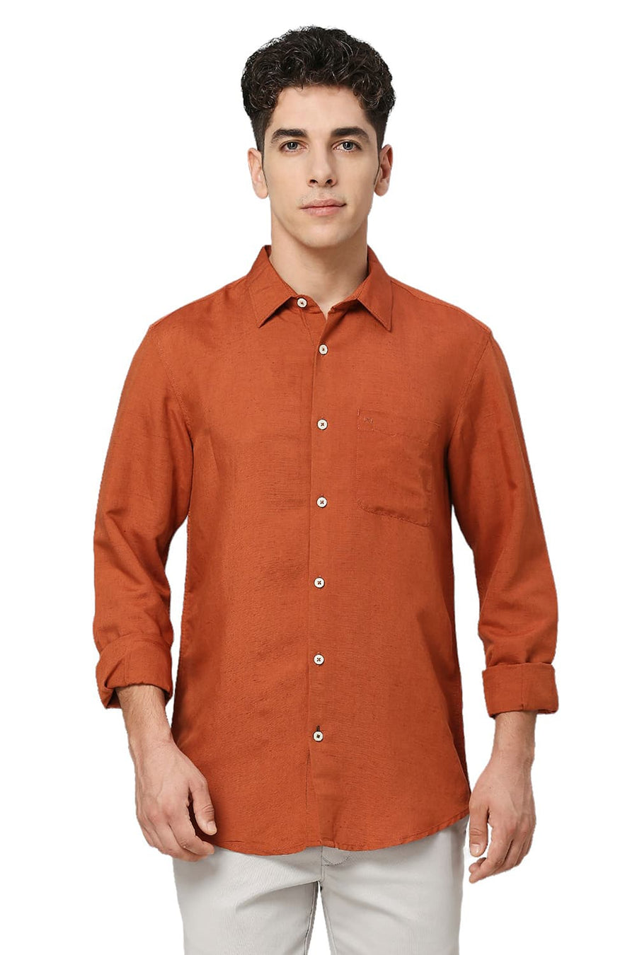 BASICS SLIM FIT RUST ORANGE VISCOSE LINEN SHIRT