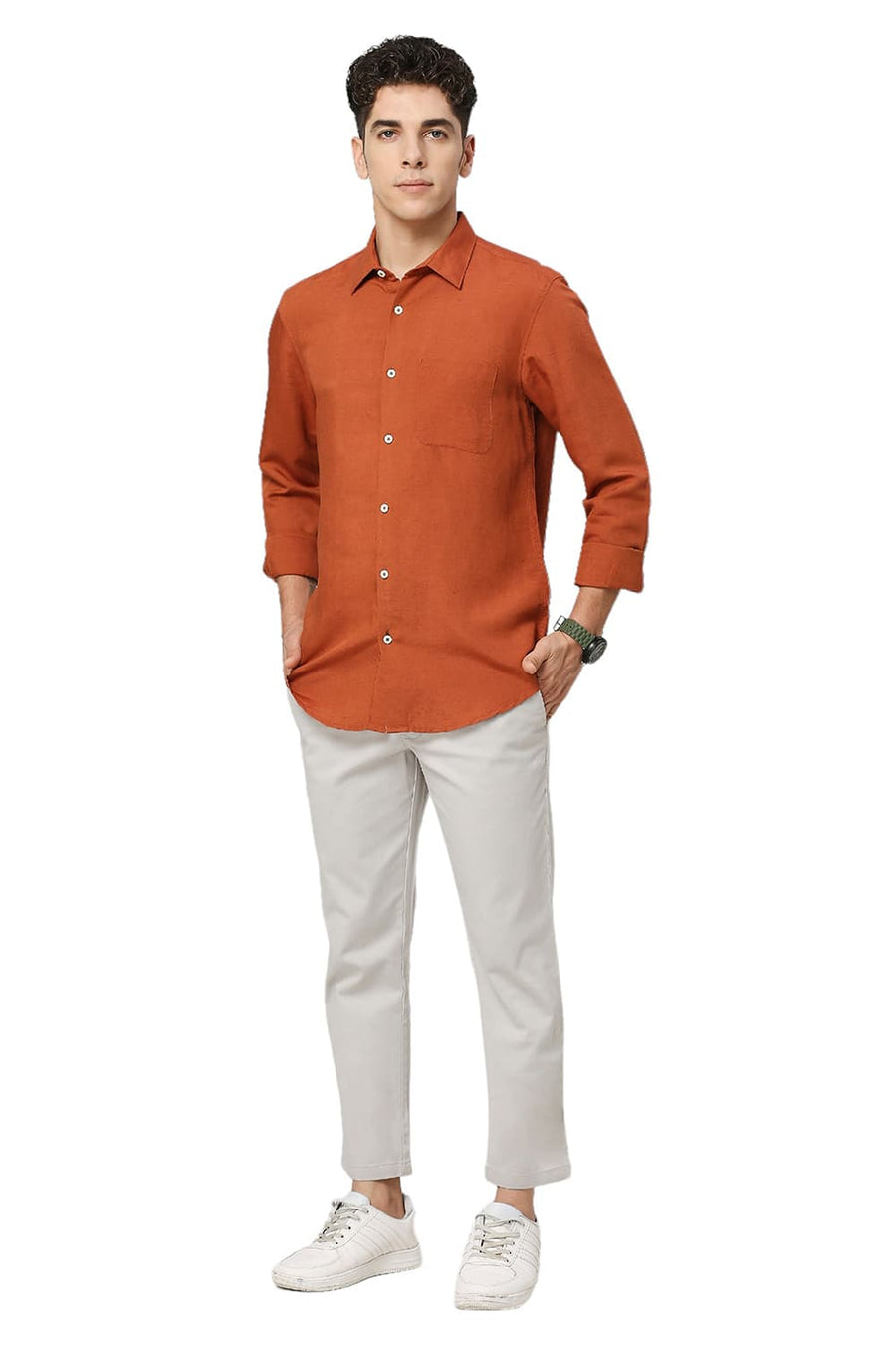 BASICS SLIM FIT RUST ORANGE VISCOSE LINEN SHIRT