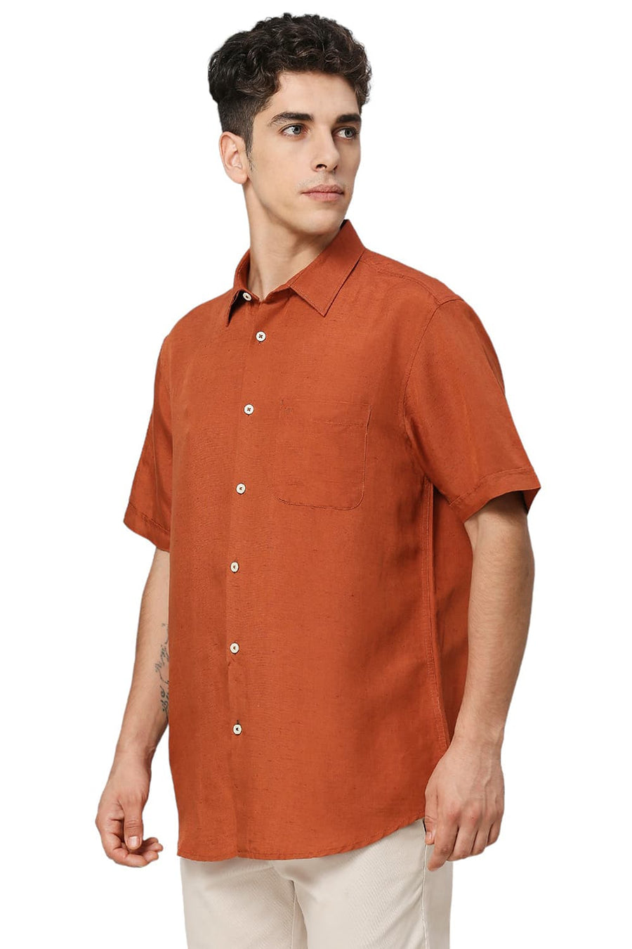 BASICS SLIM FIT RUST ORANGE VISCOSE LINEN HALFSLEEVES SHIRT