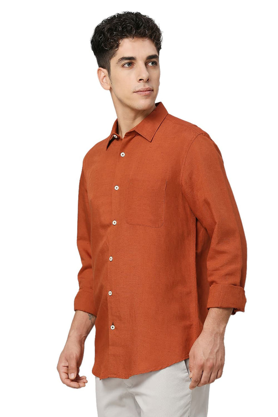 BASICS SLIM FIT RUST ORANGE VISCOSE LINEN SHIRT
