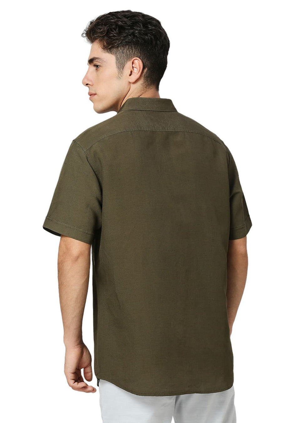 BASICS SLIM FIT OLIVE LICHEN VISCOSE LINEN HALFSLEEVES SHIRT