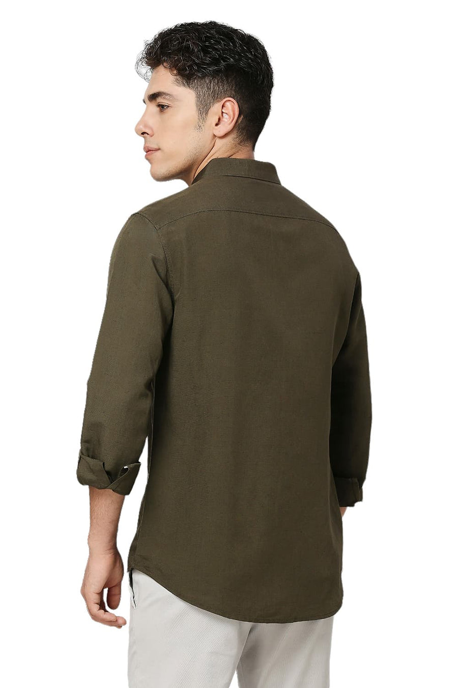 BASICS SLIM FIT OLIVE LICHEN VISCOSE LINEN SHIRT