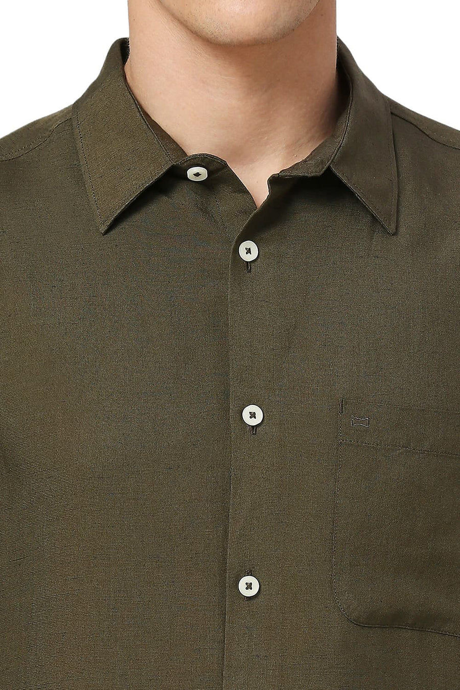 BASICS SLIM FIT OLIVE LICHEN VISCOSE LINEN HALFSLEEVES SHIRT