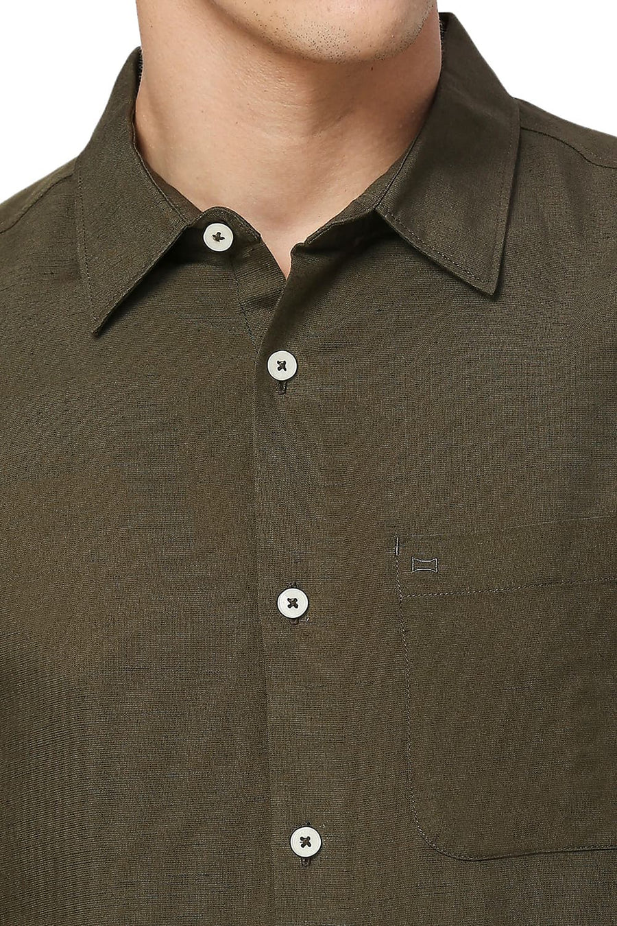 BASICS SLIM FIT OLIVE LICHEN VISCOSE LINEN SHIRT