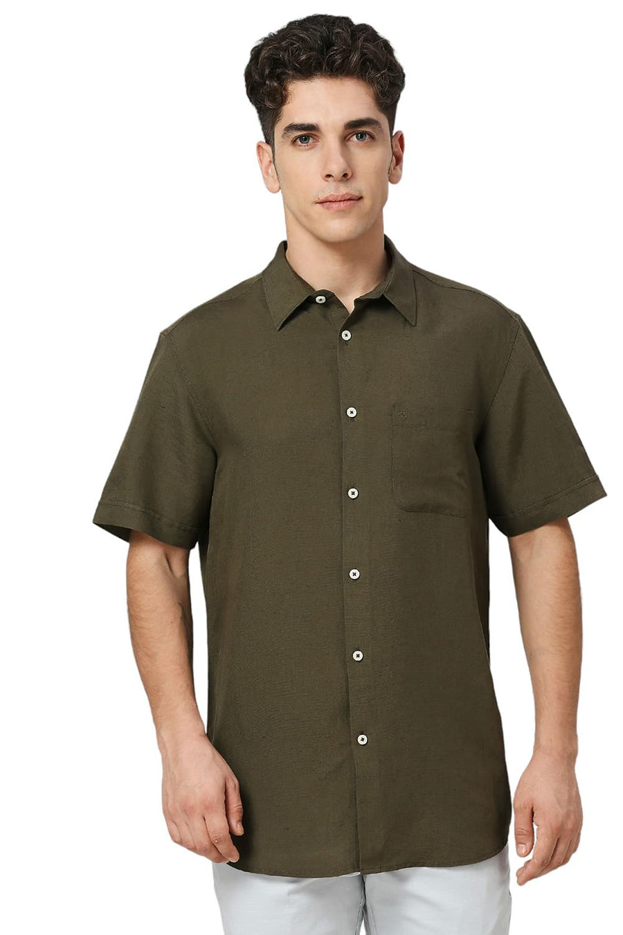 BASICS SLIM FIT OLIVE LICHEN VISCOSE LINEN HALFSLEEVES SHIRT