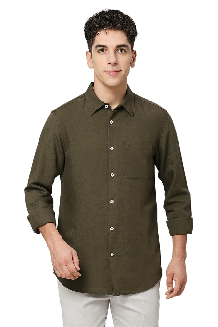 BASICS SLIM FIT OLIVE LICHEN VISCOSE LINEN SHIRT