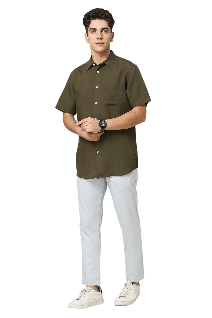 BASICS SLIM FIT OLIVE LICHEN VISCOSE LINEN HALFSLEEVES SHIRT
