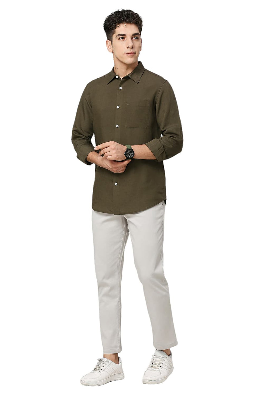 BASICS SLIM FIT OLIVE LICHEN VISCOSE LINEN SHIRT