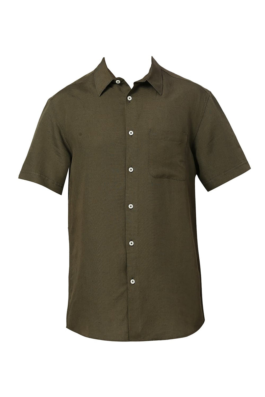 BASICS SLIM FIT OLIVE LICHEN VISCOSE LINEN HALFSLEEVES SHIRT