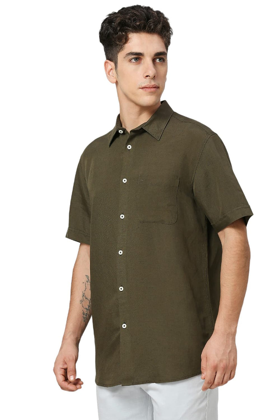 BASICS SLIM FIT OLIVE LICHEN VISCOSE LINEN HALFSLEEVES SHIRT