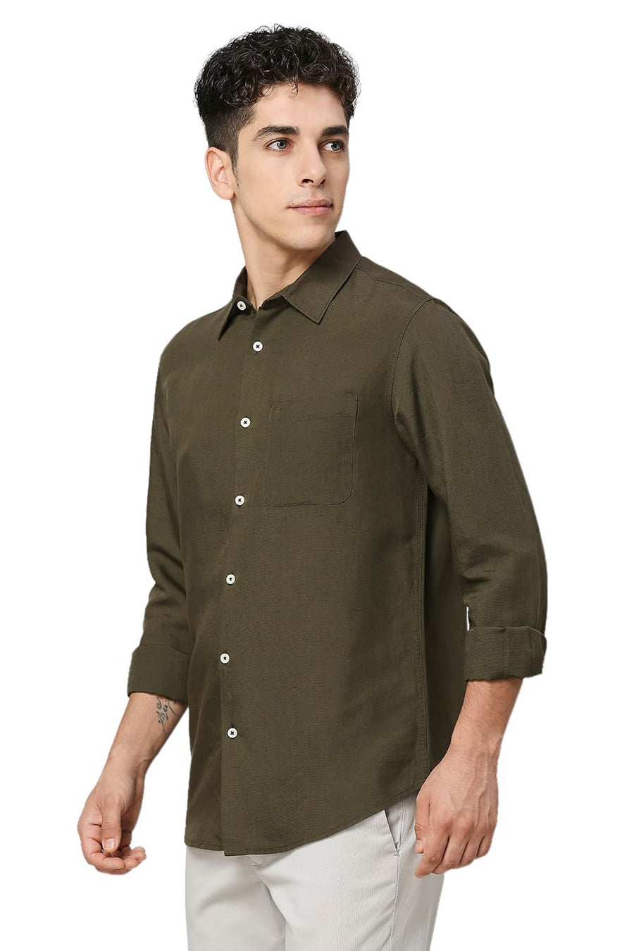 BASICS SLIM FIT OLIVE LICHEN VISCOSE LINEN SHIRT