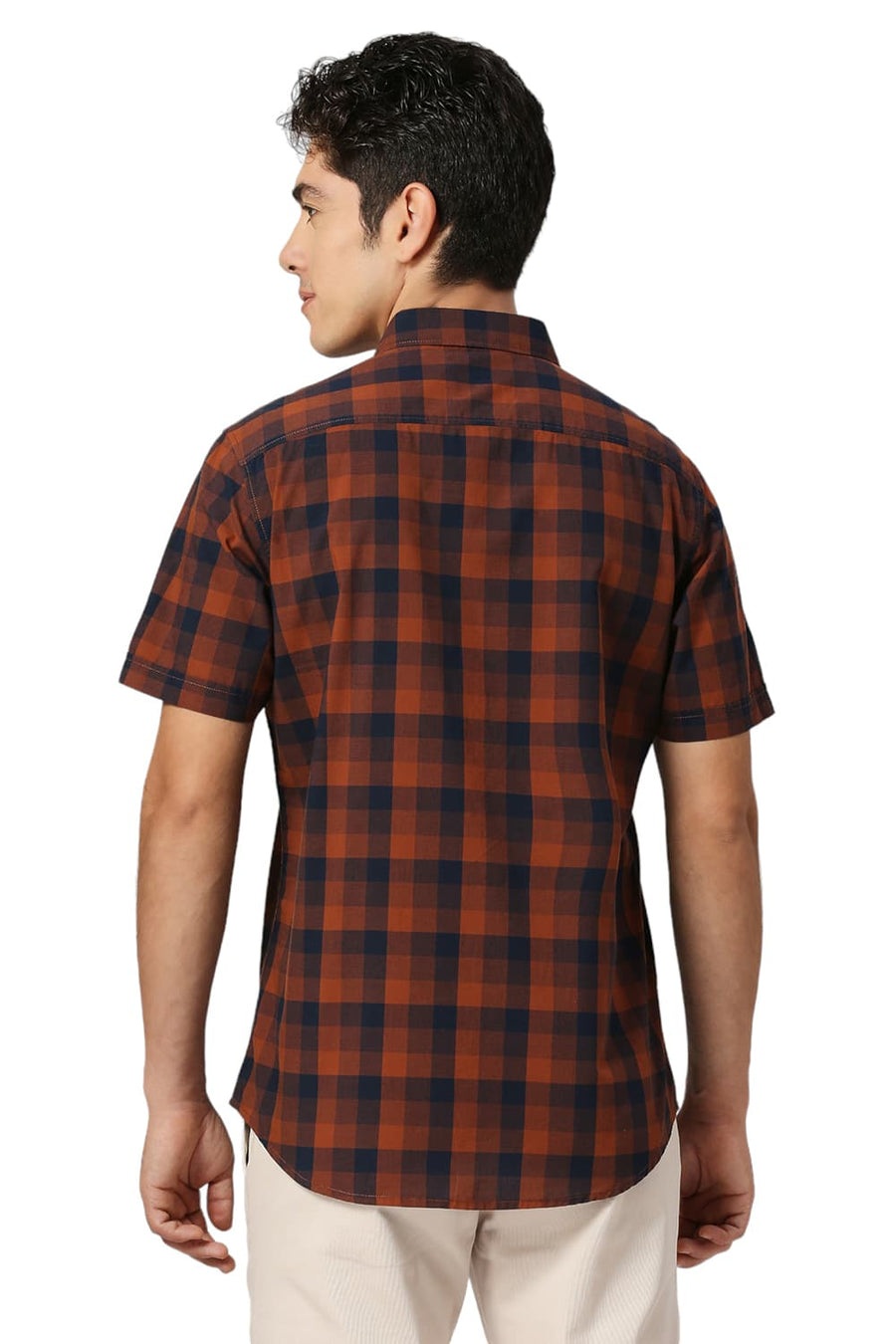 BASICS SLIM FIT CAMBRIDGE BROWN COTTON FIL-A-FIL CHECKS HALFSLEEVES SHIRT