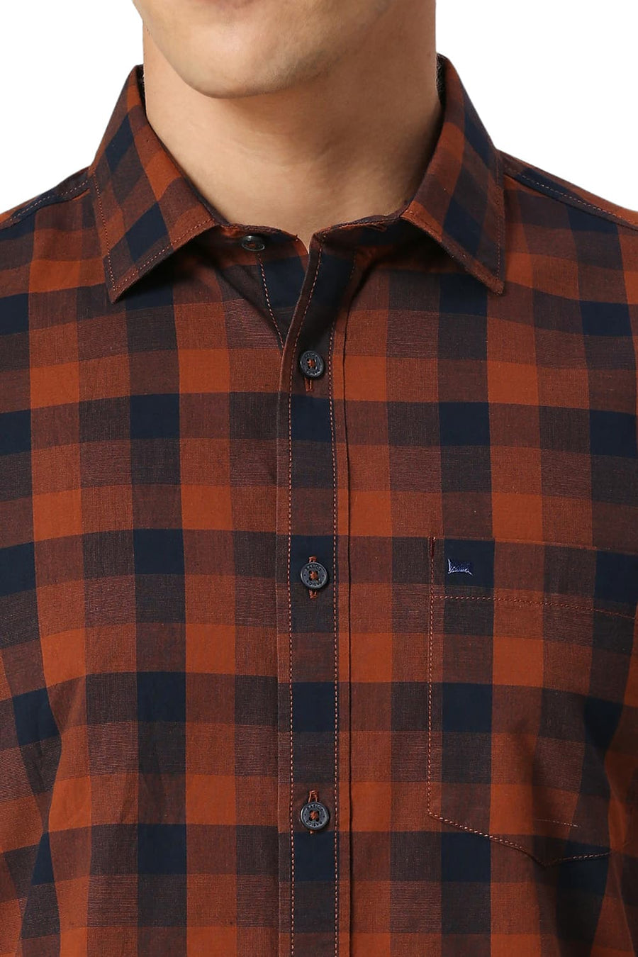 BASICS SLIM FIT CAMBRIDGE BROWN COTTON FIL-A-FIL CHECKS HALFSLEEVES SHIRT