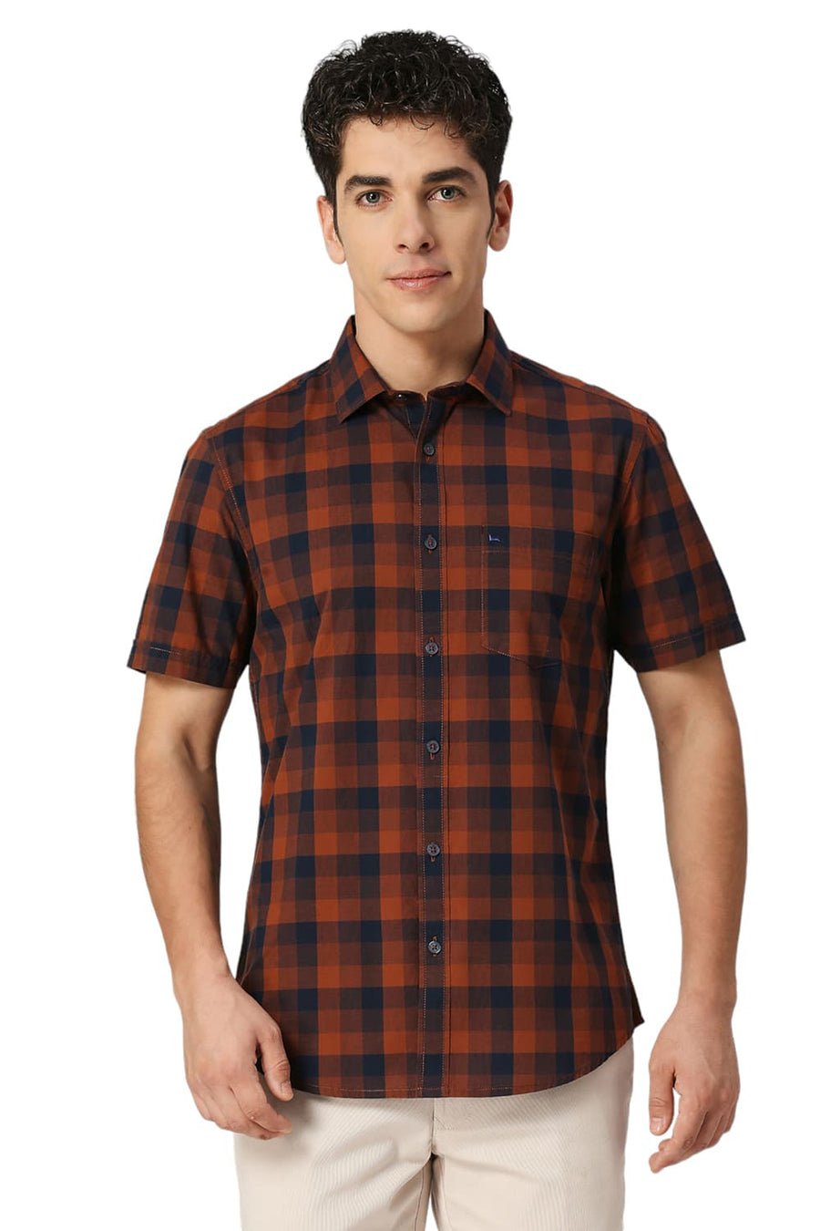 BASICS SLIM FIT CAMBRIDGE BROWN COTTON FIL-A-FIL CHECKS HALFSLEEVES SHIRT