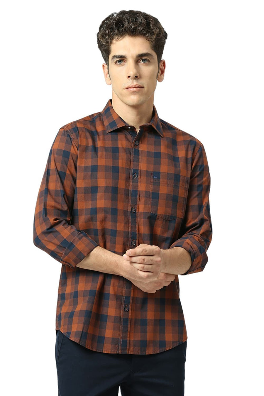 BASICS SLIM FIT CAMBRIDGE BROWN COTTON FIL-A-FIL CHECKS SHIRT