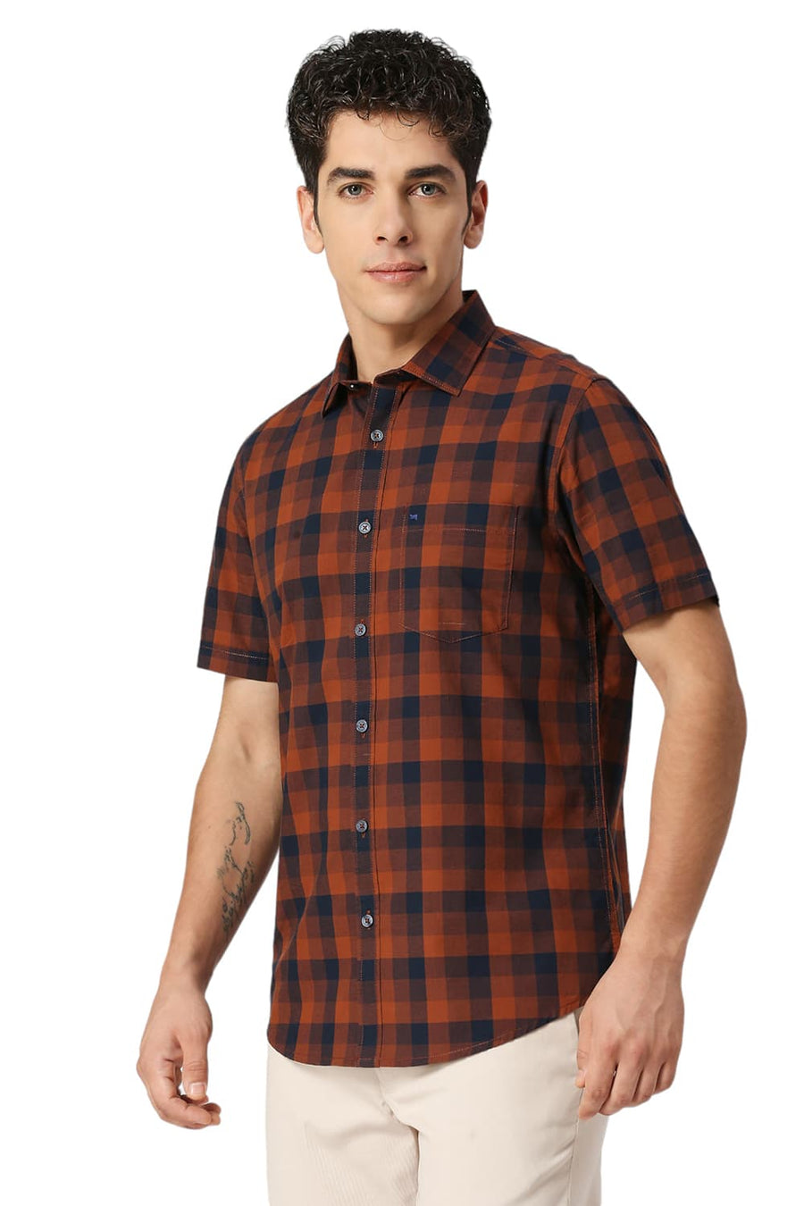 BASICS SLIM FIT CAMBRIDGE BROWN COTTON FIL-A-FIL CHECKS HALFSLEEVES SHIRT