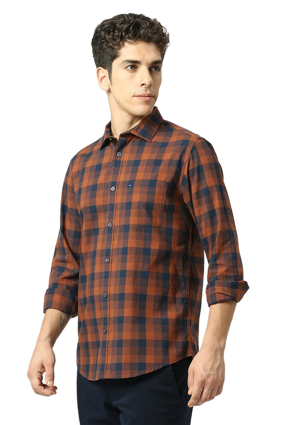 BASICS SLIM FIT CAMBRIDGE BROWN COTTON FIL-A-FIL CHECKS SHIRT