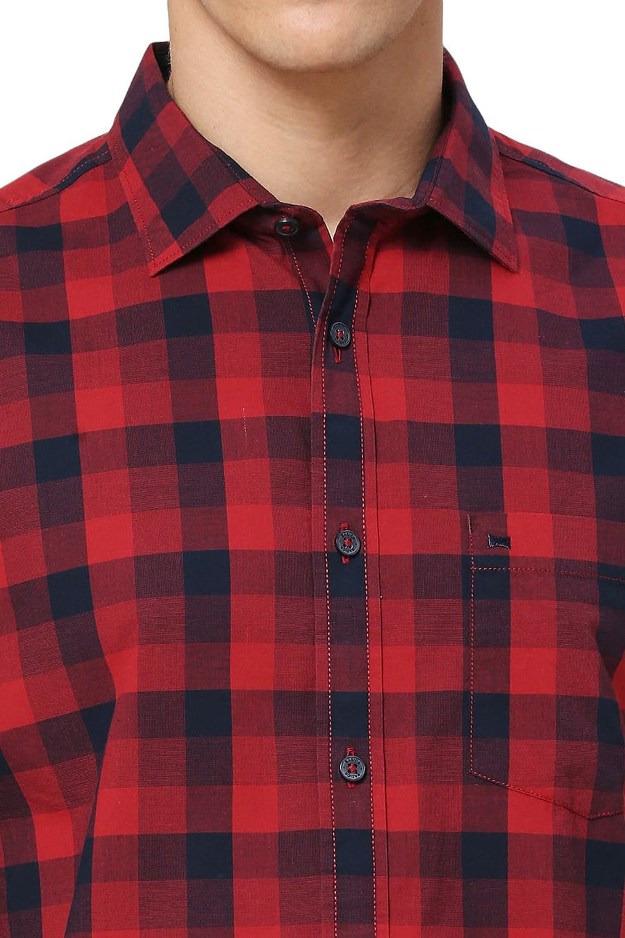 BASICS SLIM FIT MAROON RED COTTON FIL-A-FIL CHECKS HALFSLEEVES SHIRT