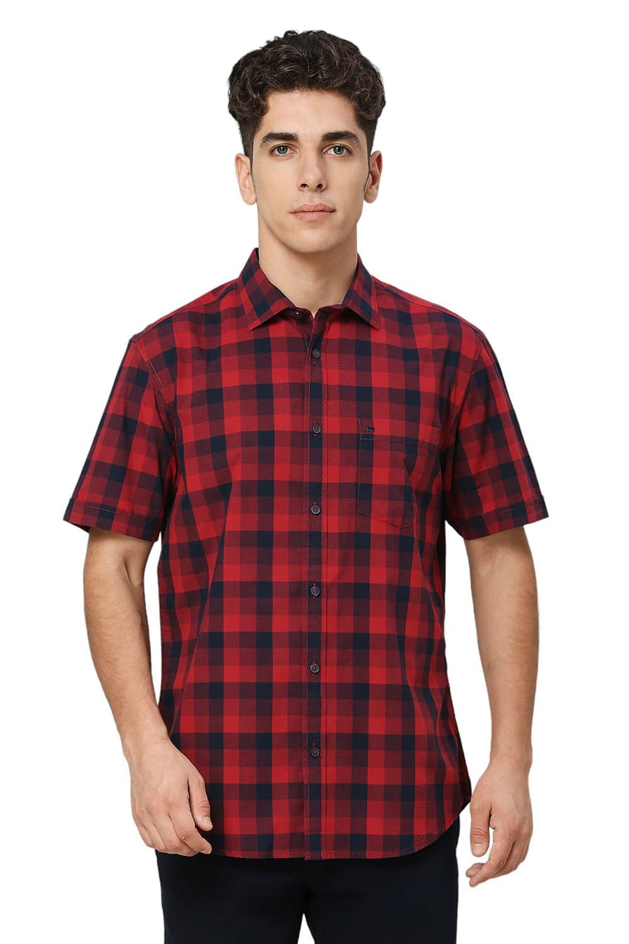 BASICS SLIM FIT MAROON RED COTTON FIL-A-FIL CHECKS HALFSLEEVES SHIRT