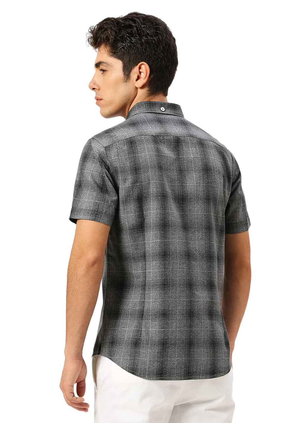 BASICS SLIM FIT IRON BLACK COTTON TWILL GRINDLE CHECKS HALFSLEEVES SHIRT