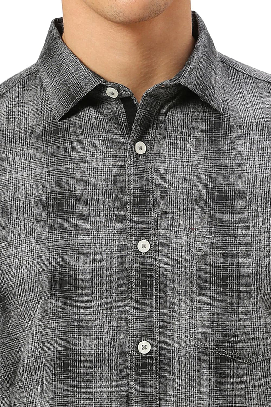 BASICS SLIM FIT IRON BLACK COTTON TWILL GRINDLE CHECKS HALFSLEEVES SHIRT
