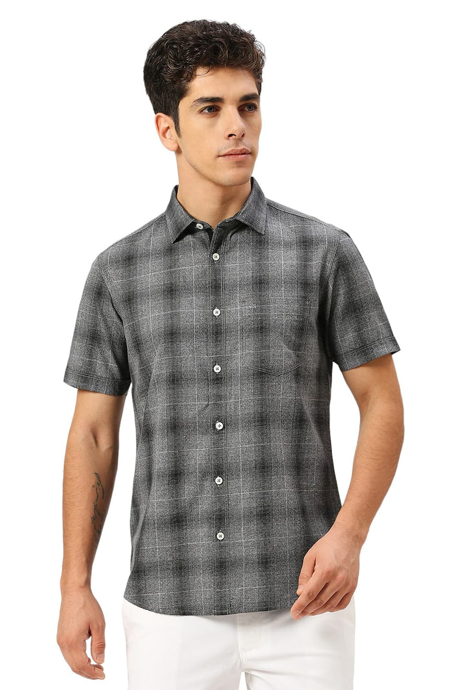 BASICS SLIM FIT IRON BLACK COTTON TWILL GRINDLE CHECKS HALFSLEEVES SHIRT