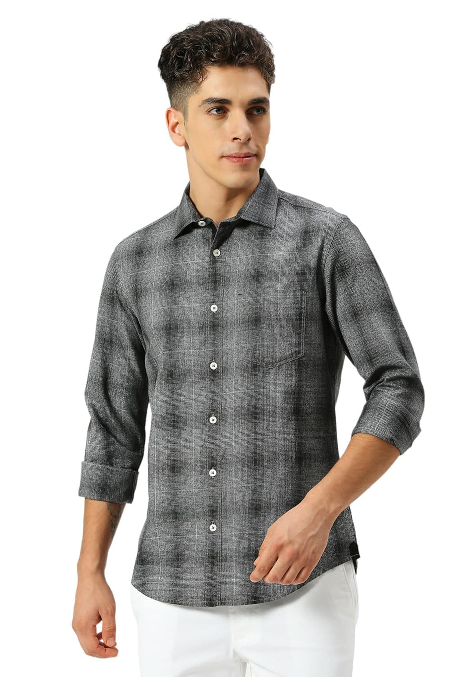 BASICS SLIM FIT IRON BLACK COTTON TWILL GRINDLE CHECKS SHIRT