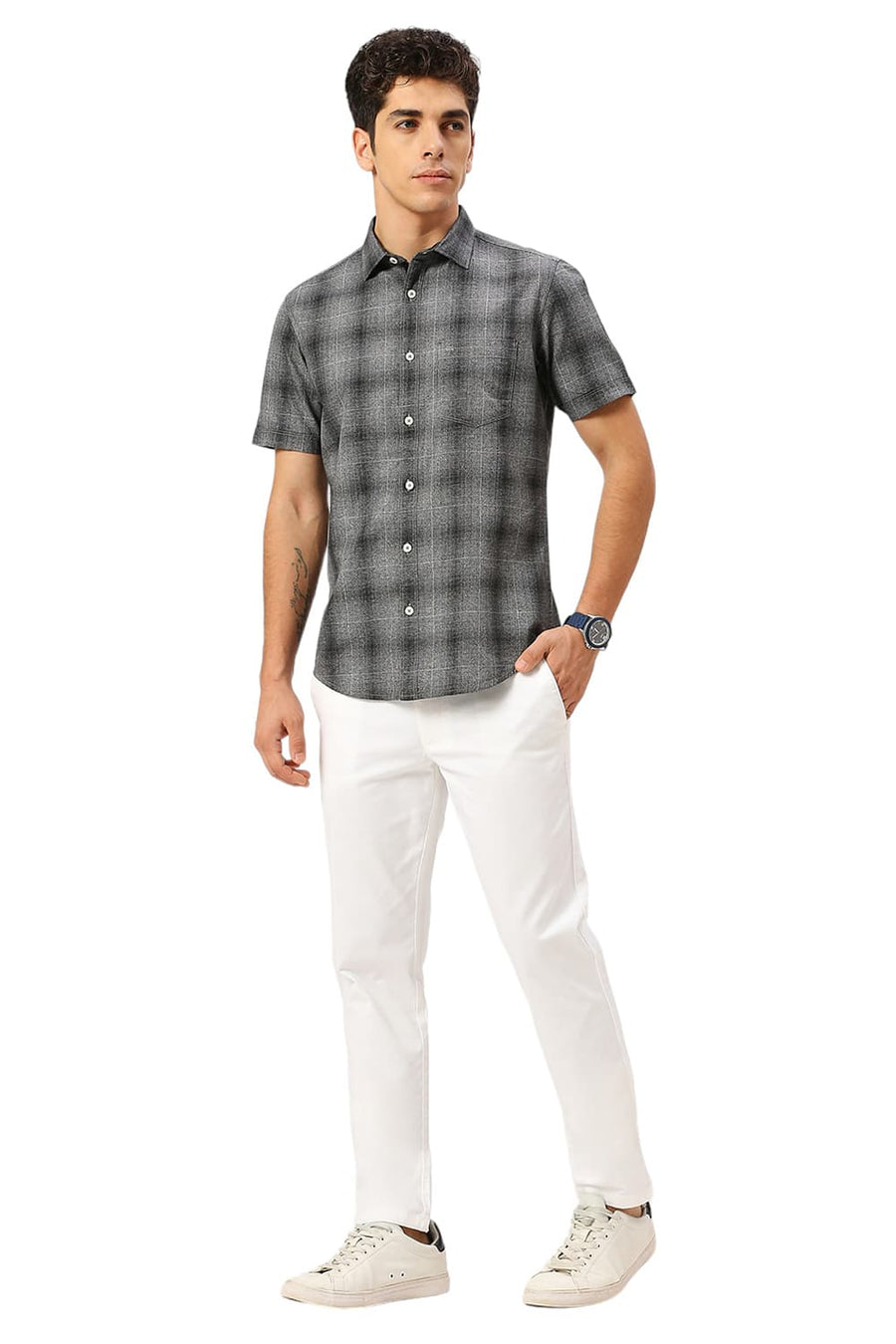 BASICS SLIM FIT IRON BLACK COTTON TWILL GRINDLE CHECKS HALFSLEEVES SHIRT