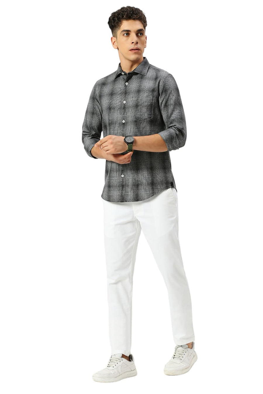 BASICS SLIM FIT IRON BLACK COTTON TWILL GRINDLE CHECKS SHIRT