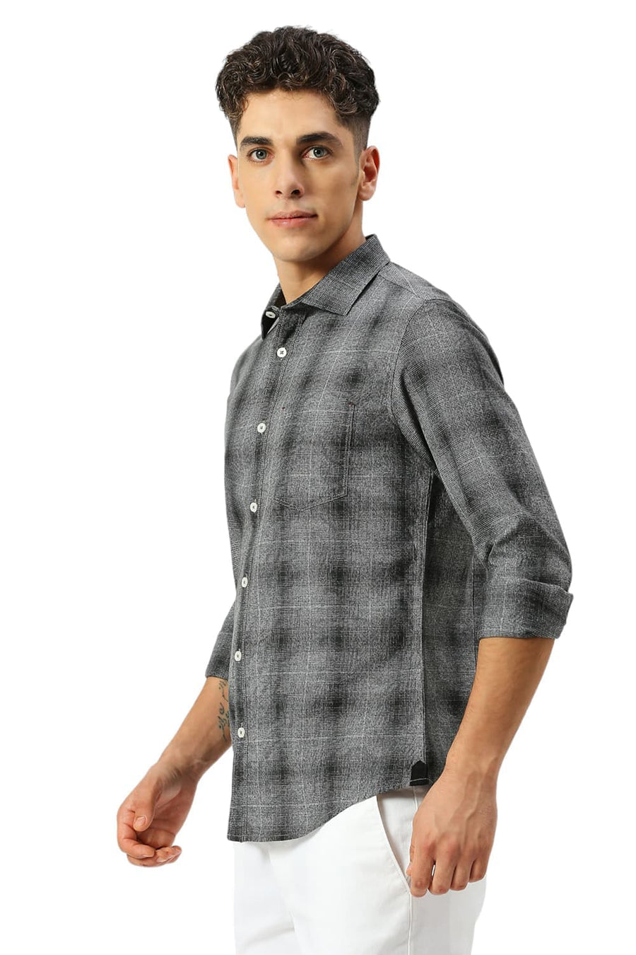BASICS SLIM FIT IRON BLACK COTTON TWILL GRINDLE CHECKS SHIRT