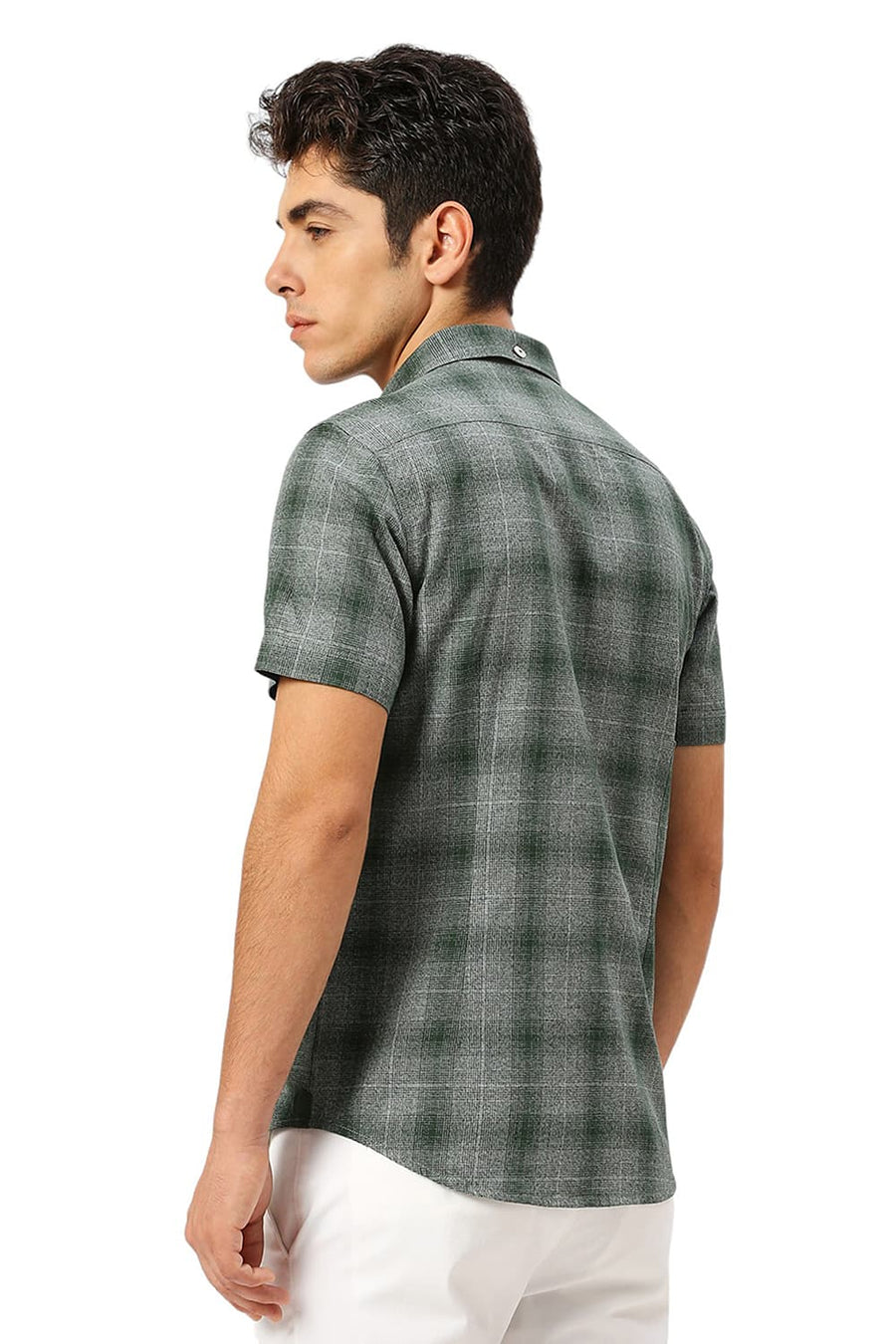 BASICS SLIM FIT FOREST GREEN COTTON TWILL GRINDLE CHECKS HALFSLEEVES SHIRT