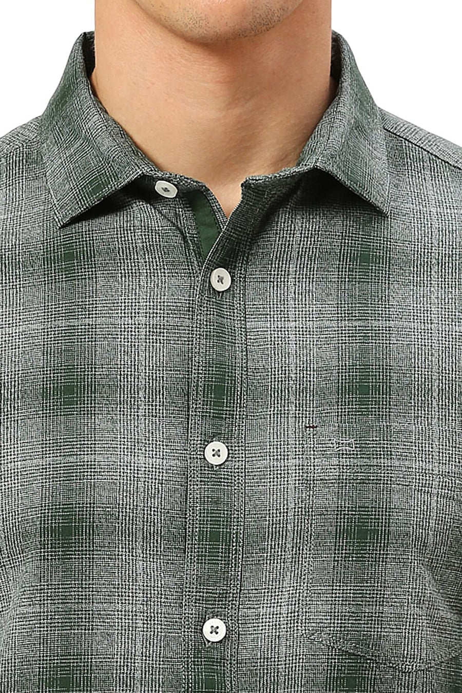 BASICS SLIM FIT FOREST GREEN COTTON TWILL GRINDLE CHECKS HALFSLEEVES SHIRT