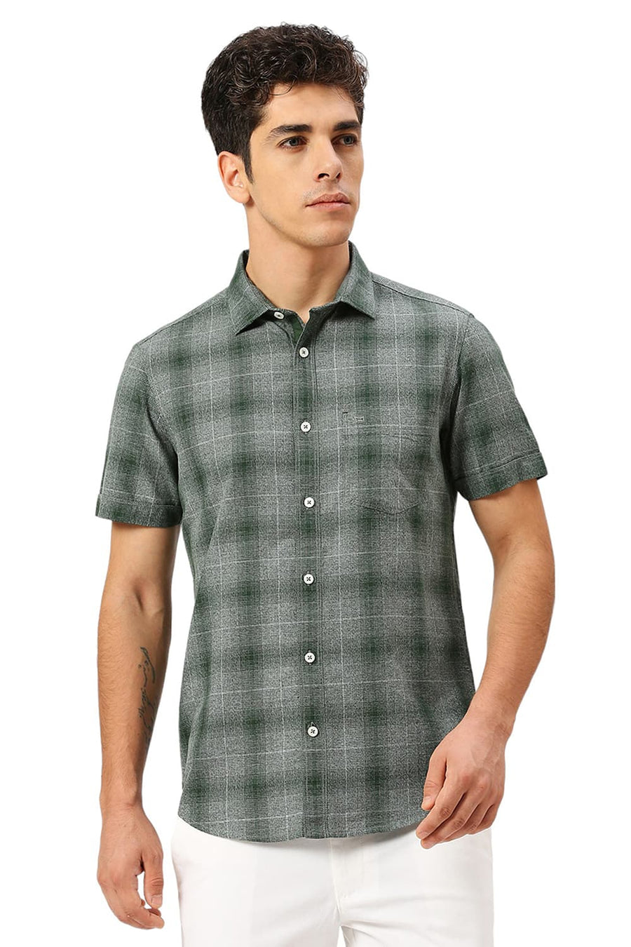 BASICS SLIM FIT FOREST GREEN COTTON TWILL GRINDLE CHECKS HALFSLEEVES SHIRT