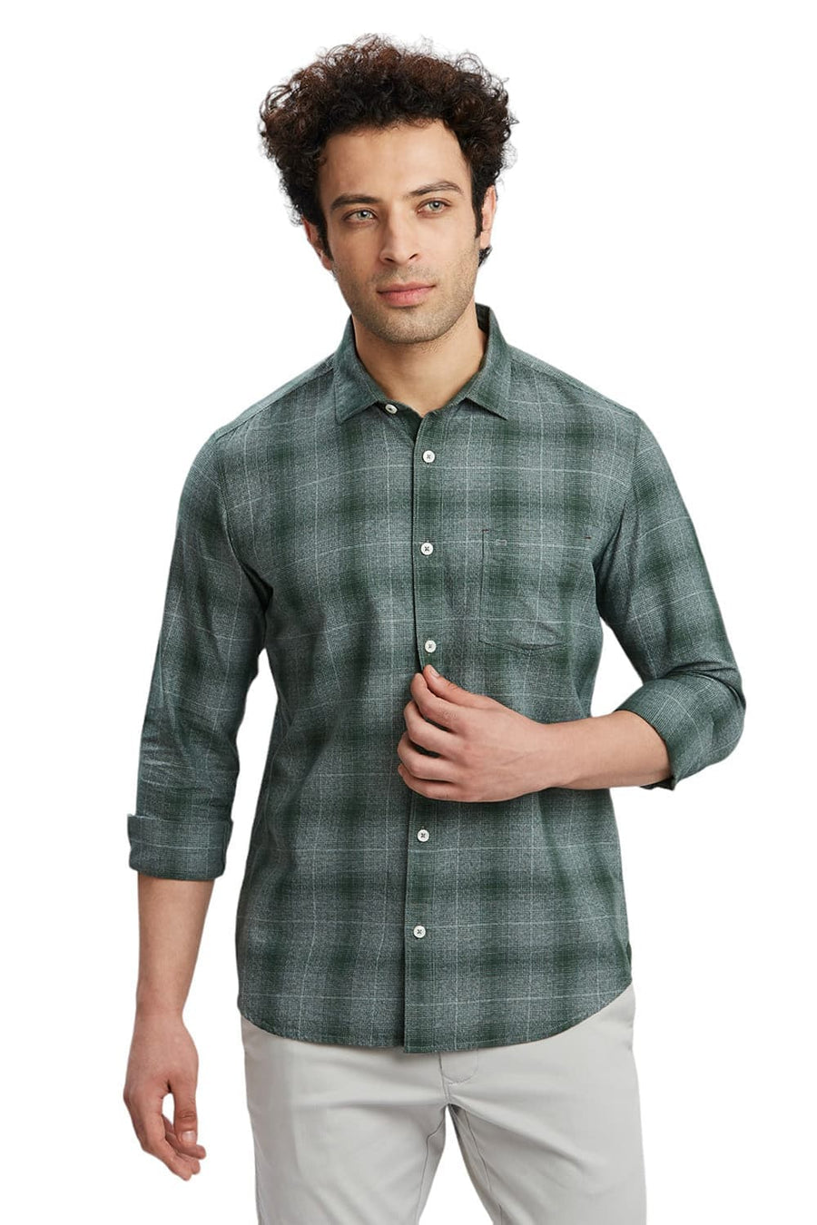 BASICS SLIM FIT FOREST GREEN COTTON TWILL GRINDLE CHECKS SHIRT