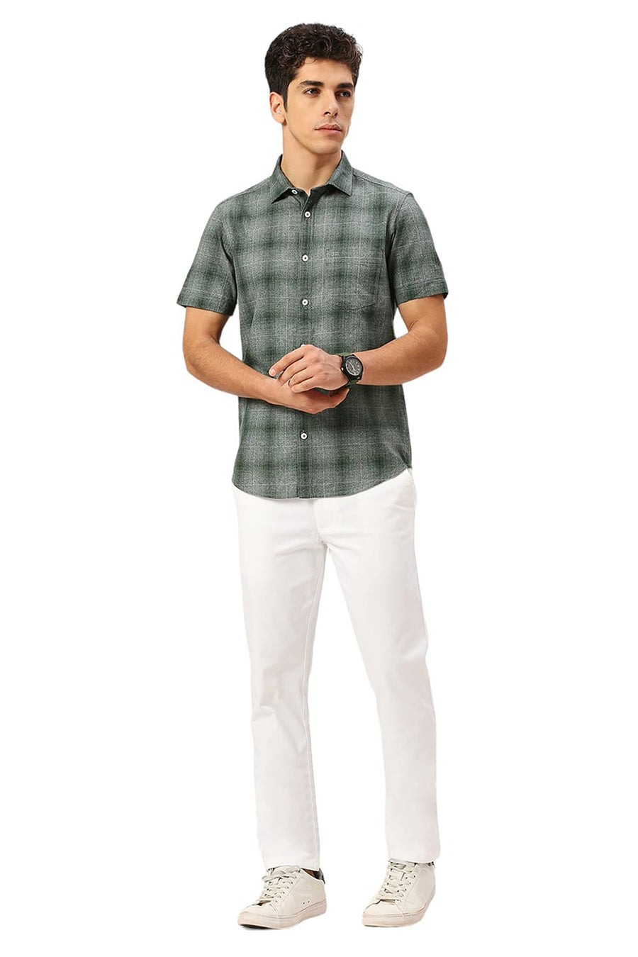 BASICS SLIM FIT FOREST GREEN COTTON TWILL GRINDLE CHECKS HALFSLEEVES SHIRT