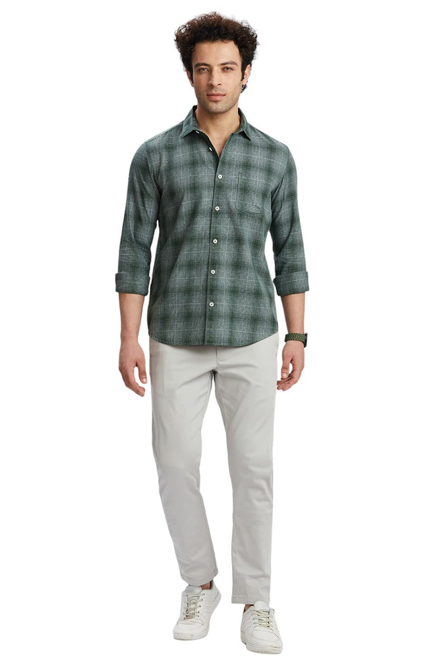 BASICS SLIM FIT FOREST GREEN COTTON TWILL GRINDLE CHECKS SHIRT