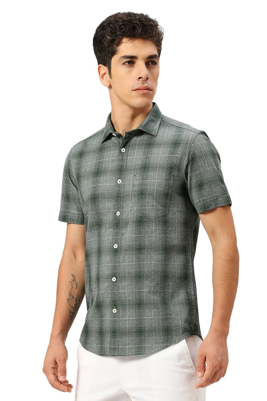 BASICS SLIM FIT FOREST GREEN COTTON TWILL GRINDLE CHECKS HALFSLEEVES SHIRT