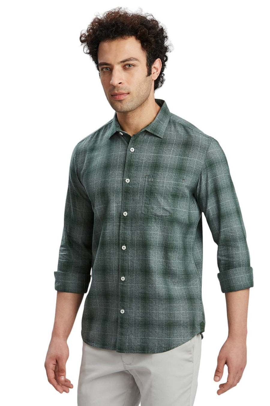 BASICS SLIM FIT FOREST GREEN COTTON TWILL GRINDLE CHECKS SHIRT