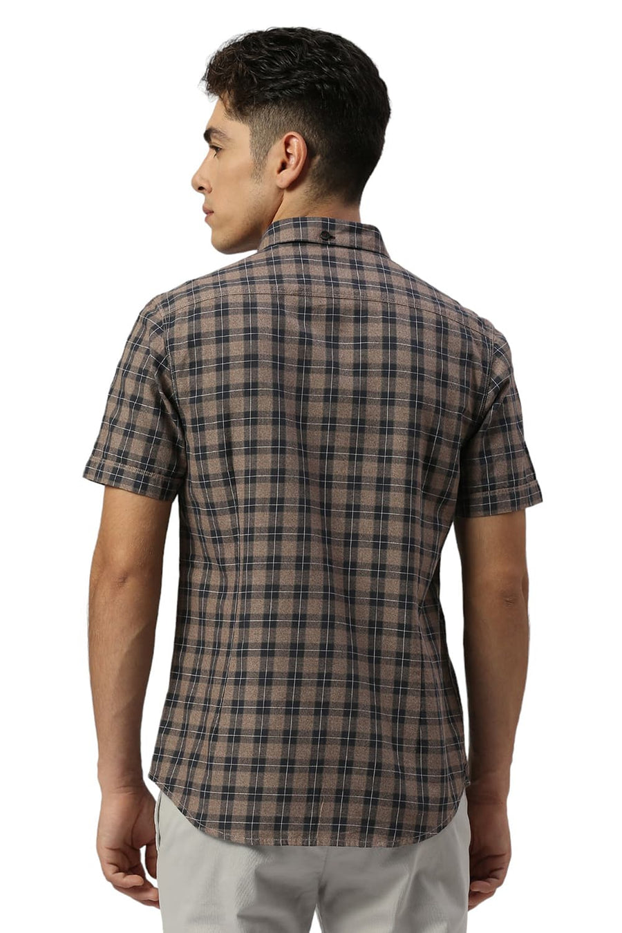 BASICS SLIM FIT ALMOND BROWN COTTON TWILL GRINDLE CHECKS HALFSLEEVES SHIRT